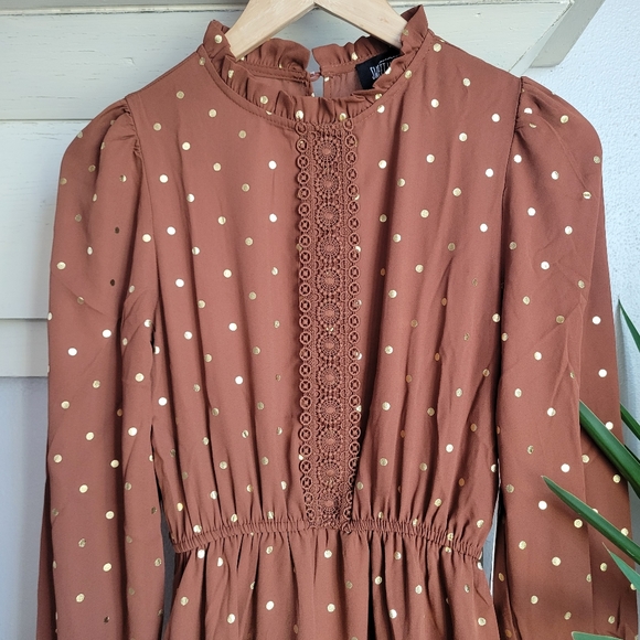 NWT SWEET WANDERER  Brown and Gold Polka Bohemian Dress - Picture 7 of 14